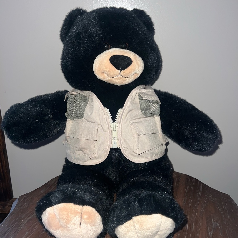Build-A-Bear Black Bear with fishing fisherman Vest